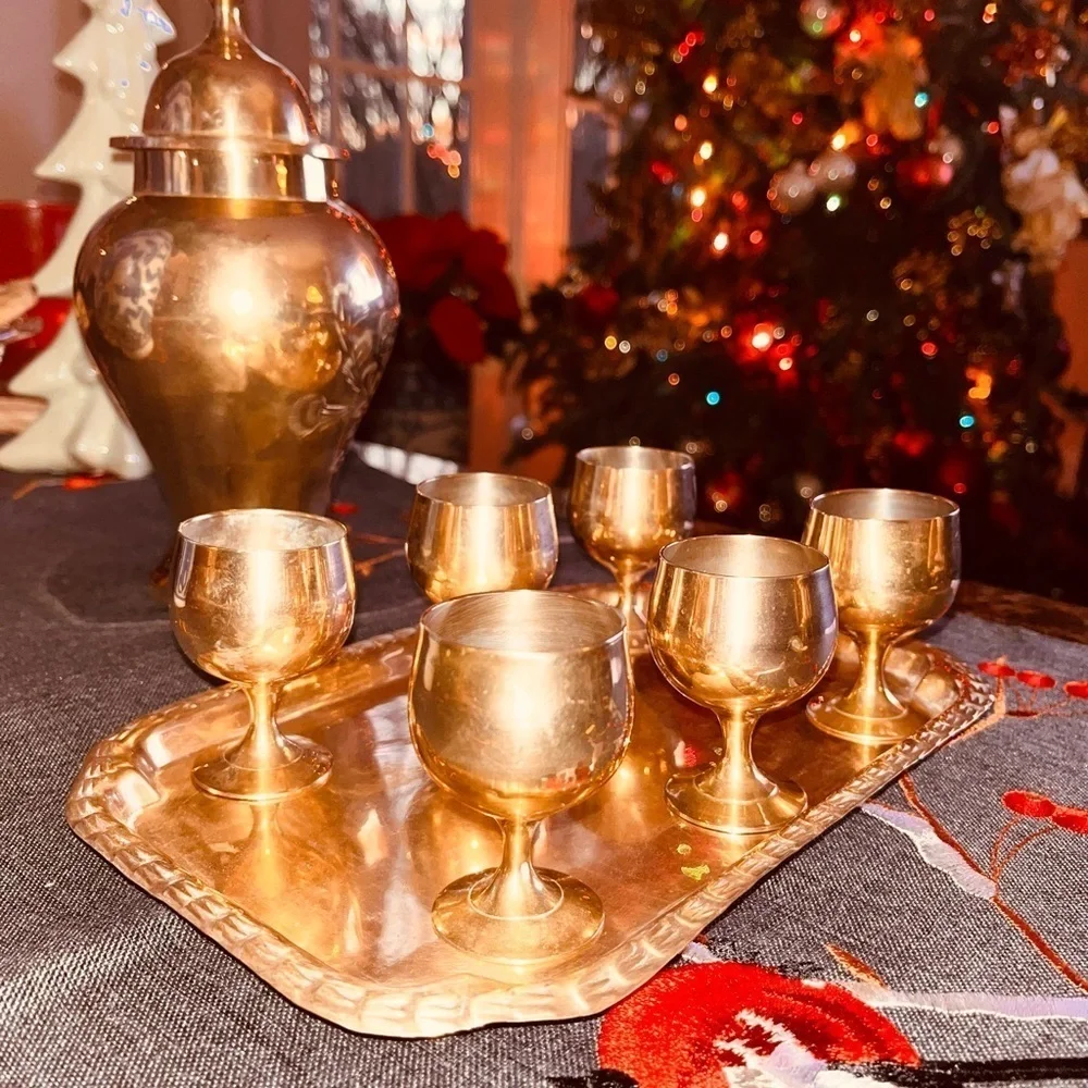 Vintage Solid Brass Barware Set 6 Cordial Shot Glass with tray